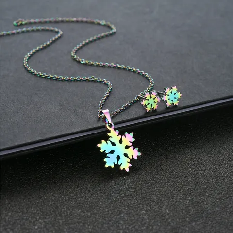 Iridescent Stainless Steel Snowflake Necklace And Stud Earrings For Women Rainbow Gradient Korean Fashion Jewelry Gift