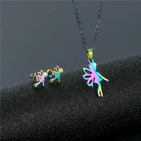 Rainbow 304 Stainless Steel Angel Fairy Silhouette Pendant Necklace Earrings Whimsical Jewelry For Women Wedding Gift