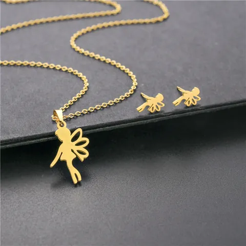 Stainless Steel Hollow Fairy Silhouette Necklace And Stud Earrings Jewelry Set Rainbow Gold Silver Angel Pendant Clavicle Chain For Women
