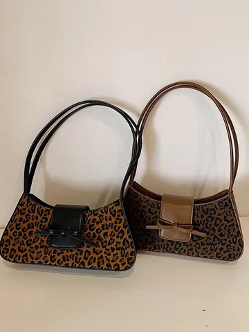 Vintage Leopardenmuster Achseltasche Für Damen Mattiertes PU Leder Schultertasche Mit Schleife Dekor Fashion Baguette Tasche