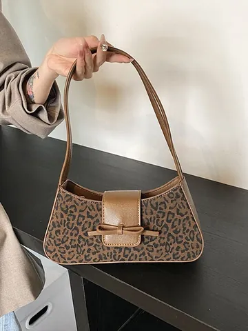 Vintage Leopardenmuster Achseltasche Für Damen Mattiertes PU Leder Schultertasche Mit Schleife Dekor Fashion Baguette Tasche