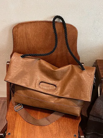 Vintage PU Leather Large Capacity Tote Bag For Women Minimalist Commute Shoulder Bag With Dual Straps Rope Handle Fashion Bag
