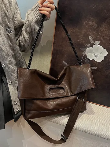 Vintage PU Leather Large Capacity Tote Bag For Women Minimalist Commute Shoulder Bag With Dual Straps Rope Handle Fashion Bag