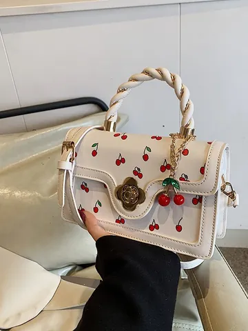 Women Vintage Cherry Print Small Square Bag PU Leather Flower Lock Braided Handle Handbag Crossbody Shoulder Bag Daily