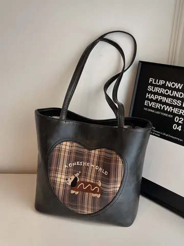 Women Vintage PU Leather Tote Bag Large Capacity Heart Plaid Patchwork Dachshund Embroidery Underarm Shoulder Bag With Pendant