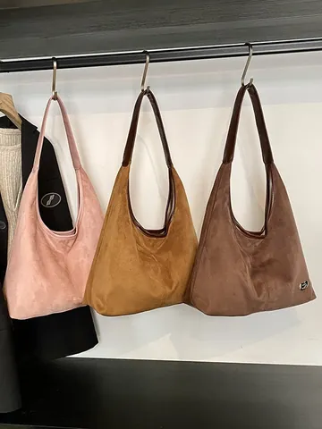 Women Vintage Suede Leather Look Hobo Shoulder Bag Large Capacity Solid Color Frosted Tote Bag With Heart Metal Decor Casual Work Commute Handbag