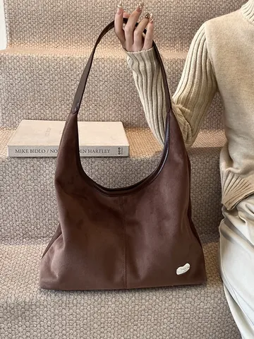 Women Vintage Suede Leather Look Hobo Shoulder Bag Large Capacity Solid Color Frosted Tote Bag With Heart Metal Decor Casual Work Commute Handbag