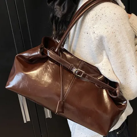 Vintage Damen Große Kapazität Kunstleder Shopper Tasche Mode Lässige Schultertasche Pendler Handtasche Mit Gürtelschnalle