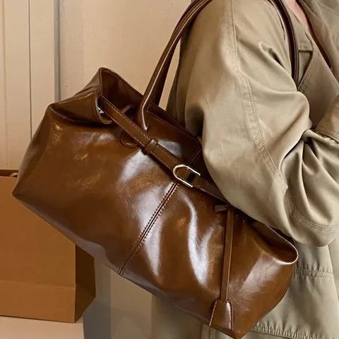 Vintage Damen Große Kapazität Kunstleder Shopper Tasche Mode Lässige Schultertasche Pendler Handtasche Mit Gürtelschnalle
