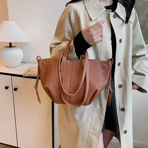 Damen Lychee-Muster PU-Leder Tote Tasche Große Kapazität Minimalistische Kontrastnähte Schulter Umhängetasche Arbeit Handtasche