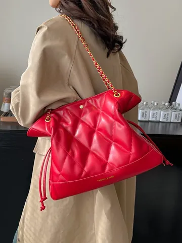 Women Large Capacity Rhombic Quilted PU Leather Tote Bag Fashion Gold Chain Strap Drawstring Bucket Shoulder Bag Handbag