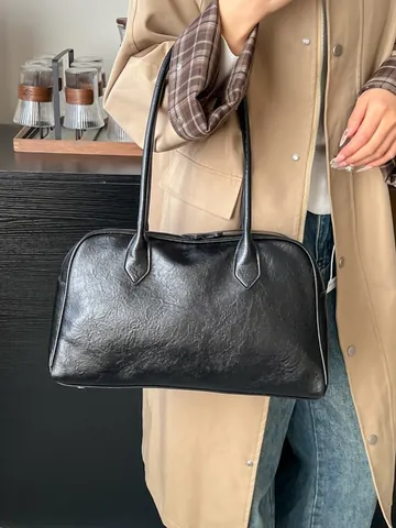 Damen Retro PU Leder Tote Tasche Große Kapazität Minimalistische Unterarm Schultertasche Mode Büro Arbeit Pendeln Handtasche