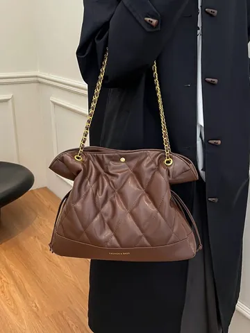 Women Large Capacity Rhombic Quilted PU Leather Tote Bag Fashion Gold Chain Strap Drawstring Bucket Shoulder Bag Handbag