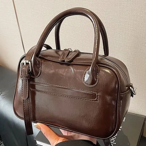 Borsa Boston Retrò in Pelle PU Lucida Donna Grande Capacità Tracolla Borsa a Mano Doppio Manico Moda Pendolare