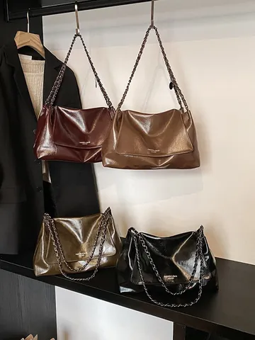 Women Vintage Glossy PU Leather Shoulder Bag Large Capacity Tote Bag With Chain Strap Magnetic Closure Fashion Handbag