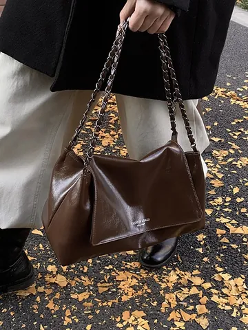 Women Vintage Glossy PU Leather Shoulder Bag Large Capacity Tote Bag With Chain Strap Magnetic Closure Fashion Handbag