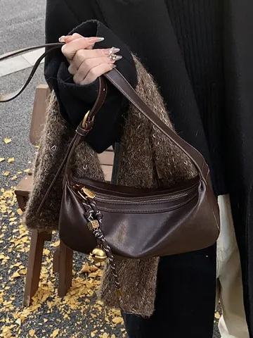 Vintage PU Leather Half Moon Hobo Bag For Women With Woven Pendant Bell Solid Color Shoulder Crossbody Bag Daily Carry