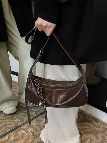 Vintage PU Leather Half Moon Hobo Bag For Women With Woven Pendant Bell Solid Color Shoulder Crossbody Bag Daily Carry