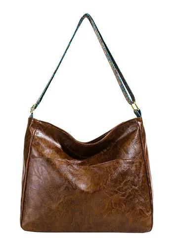Vintage Große Kapazität PU Leder Tote Bag Für Damen Mode Hobo Schultertasche Mit Ethno Muster Breitem Gurt Beuteltasche