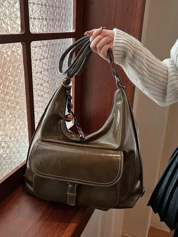 Women Vintage Glossy PU Leather Large Capacity Shoulder Bag Retro Hobo Tote With Front Flap Pocket Casual Commuter Handbag