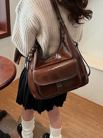 Women Vintage Glossy PU Leather Large Capacity Shoulder Bag Retro Hobo Tote With Front Flap Pocket Casual Commuter Handbag