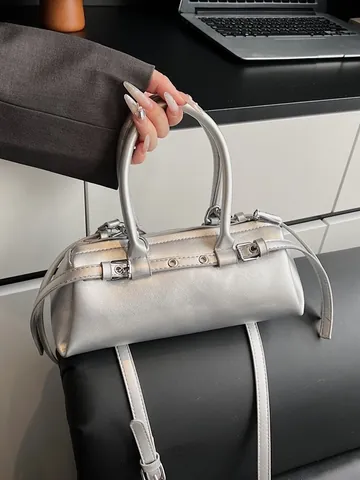 Women Vintage PU Leather Baguette Bag Retro Shoulder Crossbody Handbag With Silver Hardware Solid Color Pillow Barrel Bag