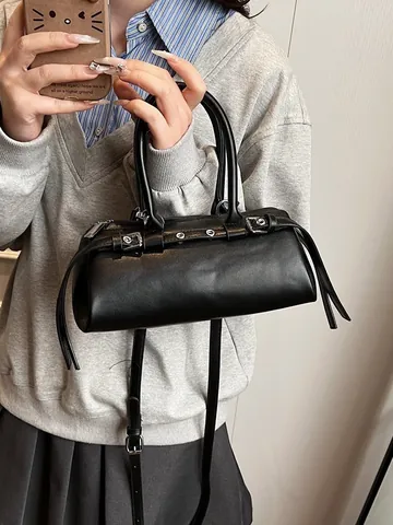 Women Vintage PU Leather Baguette Bag Retro Shoulder Crossbody Handbag With Silver Hardware Solid Color Pillow Barrel Bag