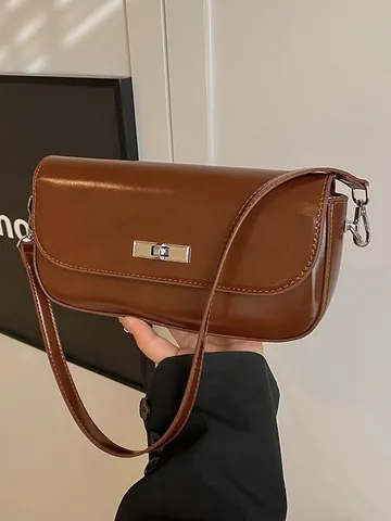 Bolso de Axila de Cuero PU Minimalista Vintage para Mujer Bolso Cuadrado Pequeño Color Sólido Con Cierre Giratorio Plateado