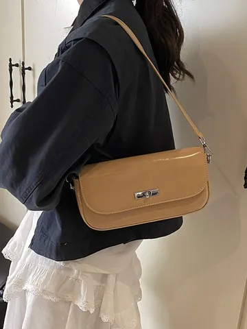 Bolso de Axila de Cuero PU Minimalista Vintage para Mujer Bolso Cuadrado Pequeño Color Sólido Con Cierre Giratorio Plateado
