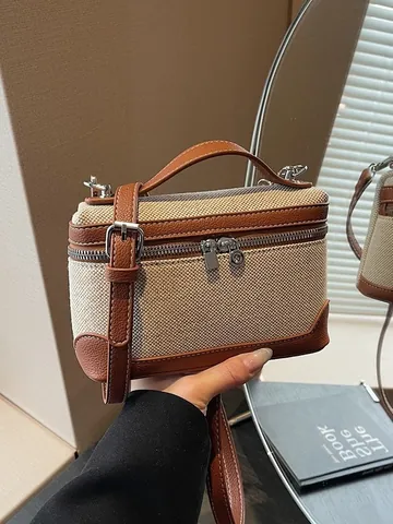 Women Vintage Canvas Patchwork PU Leather Crossbody Bag Retro Box Shape Small Square Shoulder Handbag Contrast Color Bag