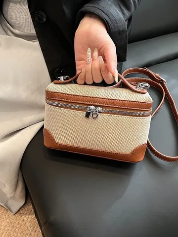Women Vintage Canvas Patchwork PU Leather Crossbody Bag Retro Box Shape Small Square Shoulder Handbag Contrast Color Bag
