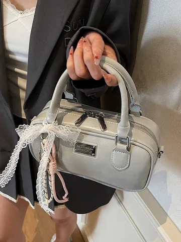 Vintage PU Leather Bowling Bag For Women Fashion Small Square Handbag With Lace Bow Charm Adjustable Crossbody Shoulder Bag