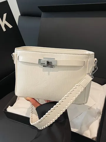 Damen PU Leder Klassische Drehverschluss Umhängetasche Minimalistische Pendler Handtasche Mit Geflochtenem Riemen Schultertasche