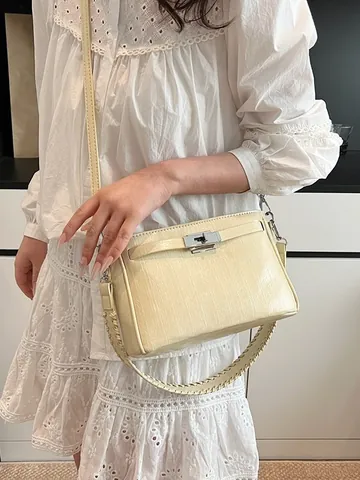 Damen PU Leder Klassische Drehverschluss Umhängetasche Minimalistische Pendler Handtasche Mit Geflochtenem Riemen Schultertasche