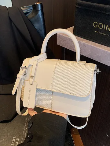 Bolso de Mano Vintage para Mujer Color de Contraste Cuero PU Patchwork Tejido Bolso Bandoulière Cuadrado Pequeño