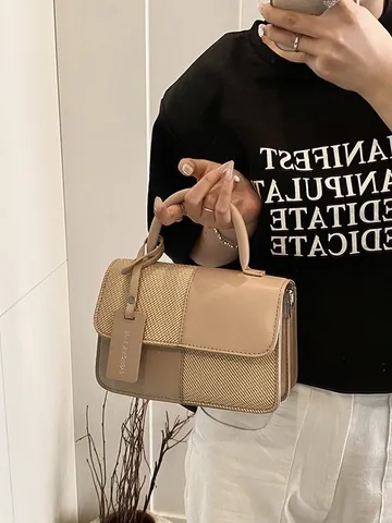 Bolso de Mano Vintage para Mujer Color de Contraste Cuero PU Patchwork Tejido Bolso Bandoulière Cuadrado Pequeño