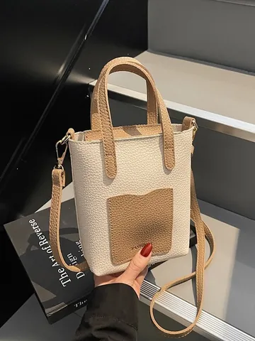 Sac Seau Femme Minimaliste en Cuir PU Grainé Couleur Contrastée Sac Bandoulière Mode Lettre Petit Sac à Épaule Main Polyvalent