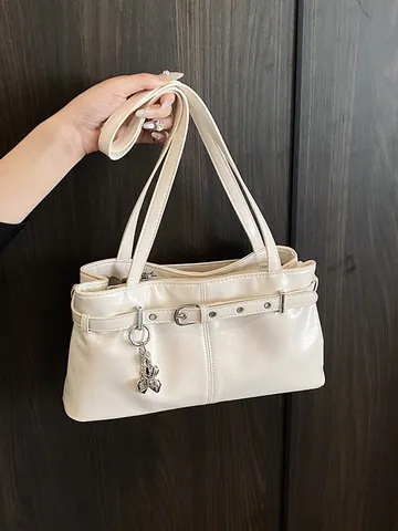 Women Fashion Glossy PU Leather Underarm Bag Vintage Y2K Belt Buckle Baguette Bag With Heart Pendant Metal Grommet Shoulder Bag