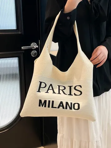 Dames Casual Gebreide Tote Bag Grote Capaciteit Letterpatroon Paris Milano Zachte Gebreide Schoudertas Urban Woon-werkverkeer Handtas