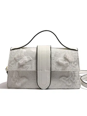 Sac Bandoulière Mode Femme Broderie Papillon 3D Cuir PU Dentelle Sac à Main Rétro Petit Sac Carré