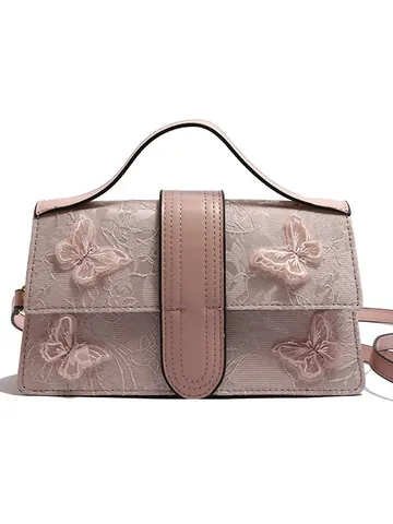 Sac Bandoulière Mode Femme Broderie Papillon 3D Cuir PU Dentelle Sac à Main Rétro Petit Sac Carré
