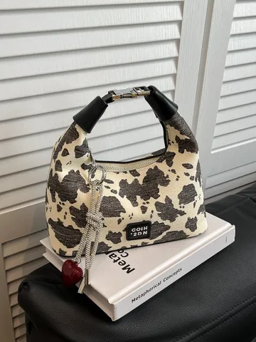 Borsa Hobo Donna con Stampa Animale Mucca Leopardo Borsa a Tracolla con Ciondolo a Cuore Moda Pelle PU Sottobraccio Quotidiana Casual