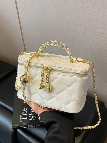 Quilted Vanity Case Bag With Chain Strap And Gold Flower Charm Crossbody Top Handle Bag For Women Vintage Elegant Small Square Bag