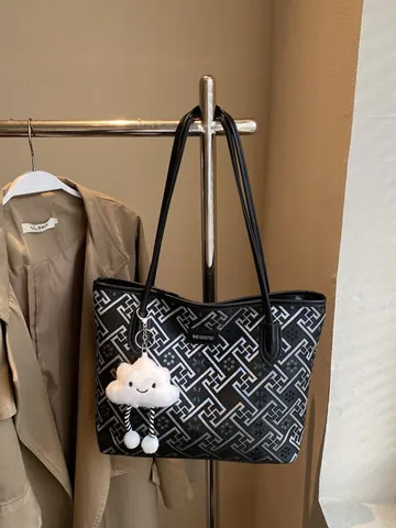 Women Fashion PU Leather Tote Bag Large Capacity Jacquard Pattern Shoulder Bag With Plush Cloud Charm Casual Daily Handbag