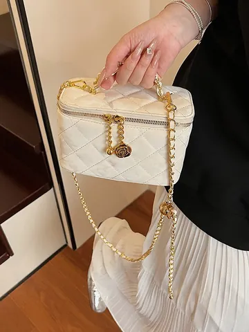 Quilted Vanity Case Bag With Chain Strap And Gold Flower Charm Crossbody Top Handle Bag For Women Vintage Elegant Small Square Bag