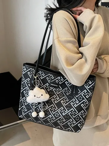 Women Fashion PU Leather Tote Bag Large Capacity Jacquard Pattern Shoulder Bag With Plush Cloud Charm Casual Daily Handbag
