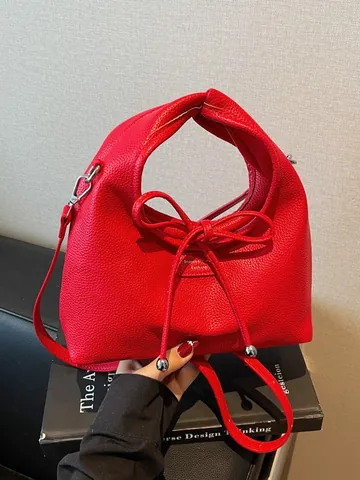 Minimalistische Damen Handtasche Litchi-Struktur PU-Leder Schulter Umhängetasche Mit Schleife Kordelzug Silber Metallkugel
