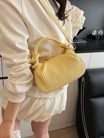 Women Pleated PU Leather Handbag Vertical Stripe Texture Knot Handle Small Shoulder Crossbody Bag Fashion Daily Versatile Purse