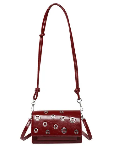 Bolso Bandolera de Cuero PU para Mujer Moda Ojales Metálicos Bolso de Hombro Cuadrado Pequeño Vintage Punk Color Sólido