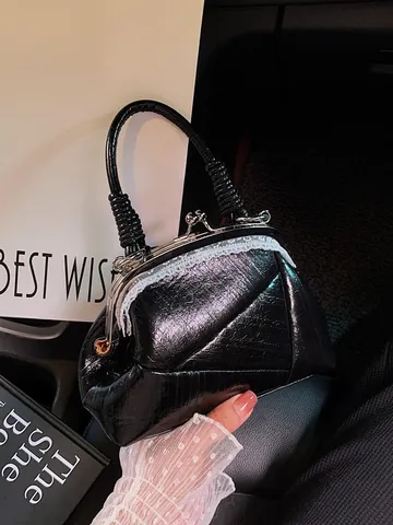 Women's Vintage PU Leather Shell Bag Kiss-lock Handbag With Lace Trim Geometric Stitching Retro Shoulder Crossbody Bag